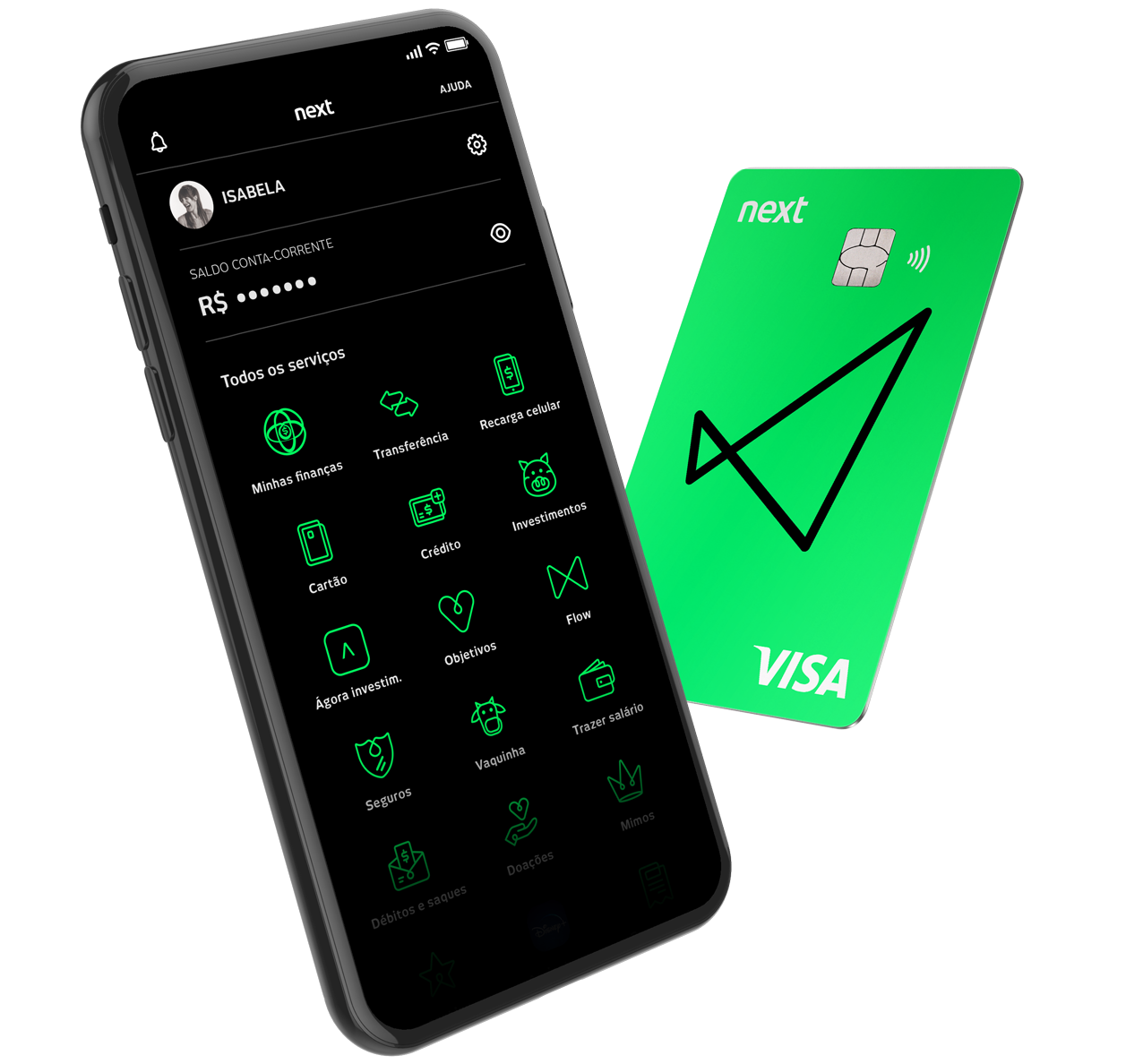 Vimos uma tela de celular com a home do app do next, e do seu lado direito o cartão verde next.