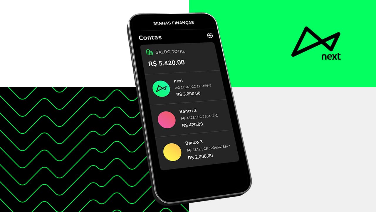 A ilustração tem em primeiro plano um smartphone com a reprodução da funcionalidade “Minhas Finanças” no aplicativo do next. No plano de fundo, no canto direito superior, vemos o logo do next.