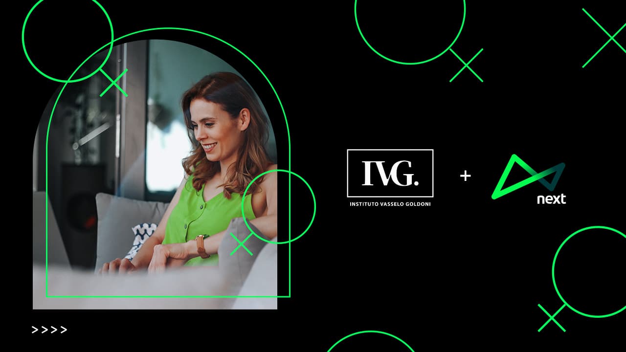 A imagem tem fundo preto e diversos símbolos femininos em verde (círculo com uma cruz embaixo). À esquerda vemos uma mulher branca, sorrindo e vestida com uma blusa verde clara. À direita estão os logos do IVG e do next. 