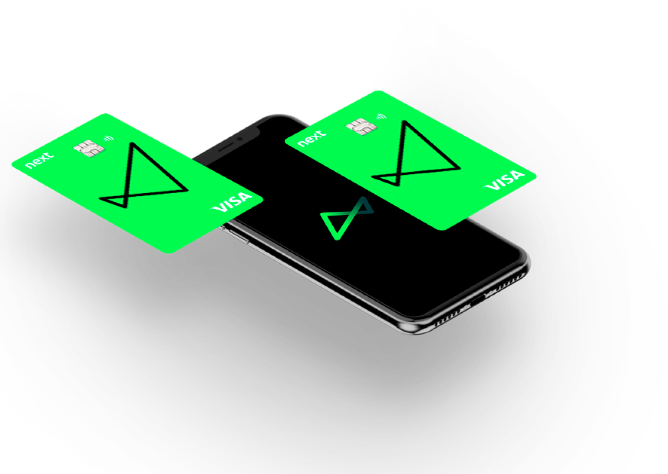A imagem mostra um celular com a tela preta e o logo do next em verde elétrico. Sobre ele, estão posicionados 2 cartões next verde elétrico com o elástico do next em preto e as palavras “next” e “Visa” em branco.