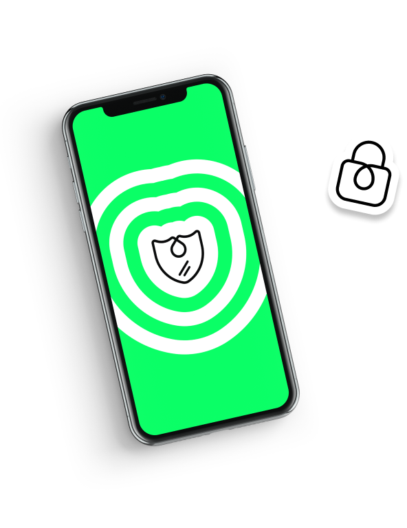 Na imagem vemos um celular, com um ícone ilustrativo que lembra um escudo de proteção, fora do celular, do lado direito vemos um grafismo verde que faz parte da comunicação do Banco next e um ícone de cadeado ilustrando segurança.