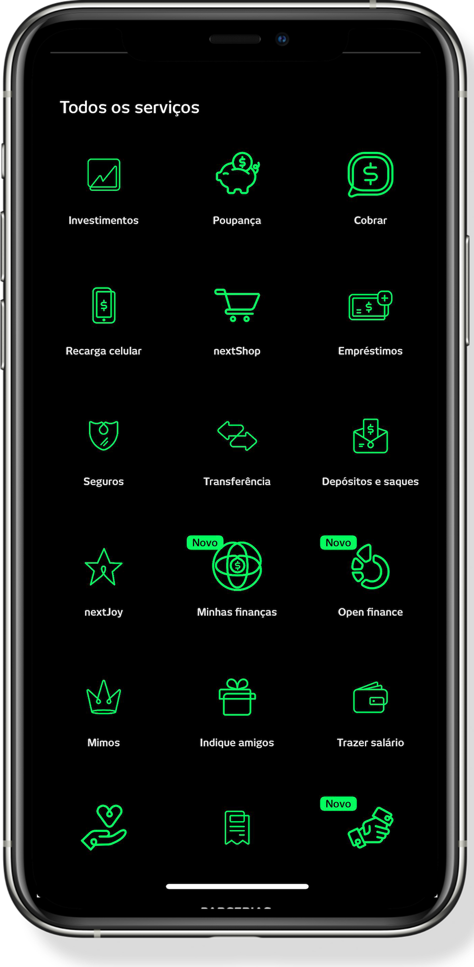 Celular mostrando o menu principal do app next.
