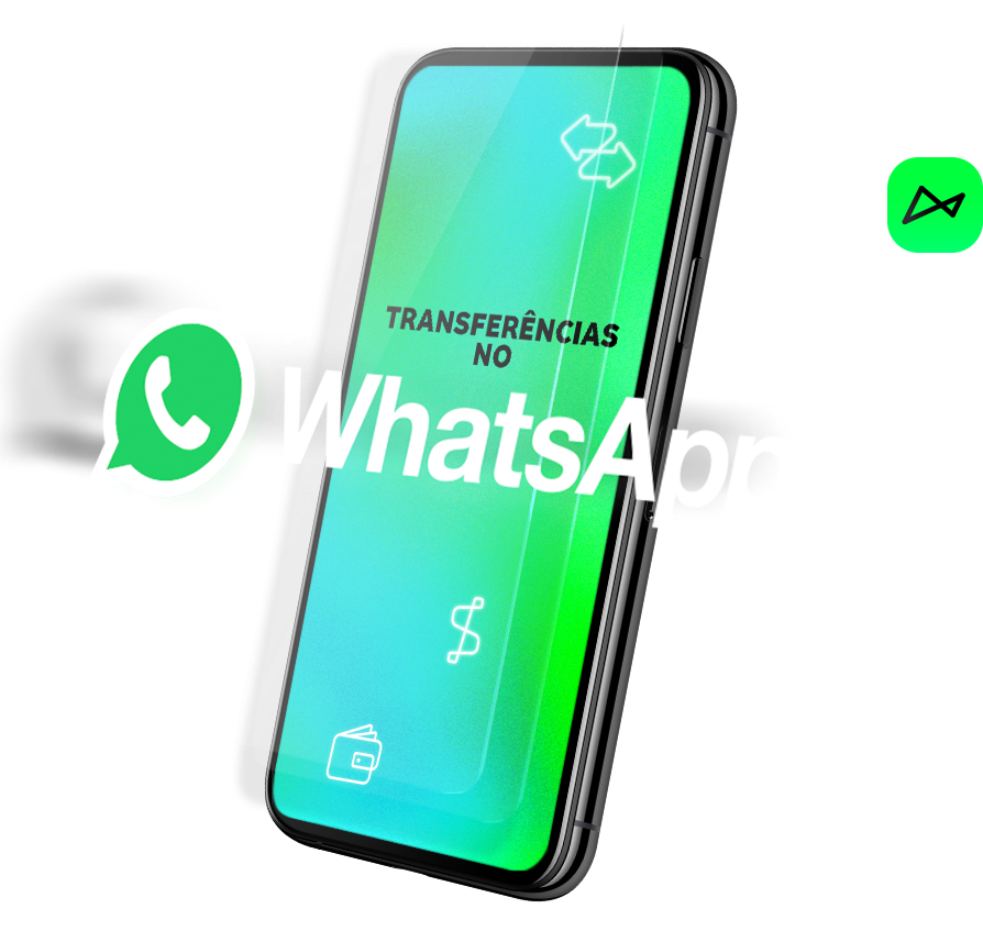 Imagem com fundo preto e um celular, com a tela mostrando o texto "Transferências no WhatsApp".